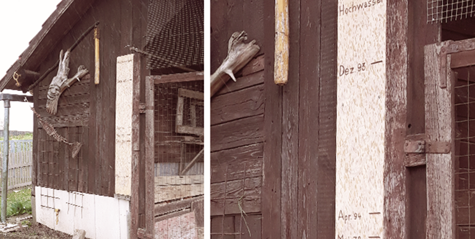 Hochwassermarken am Hühnerstall