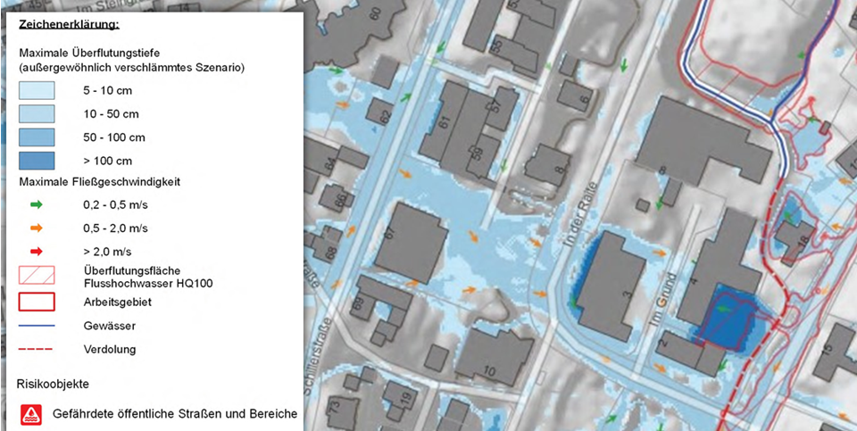 Auszug aus der SRGK mit Legende (Wassertiefen und Fließrichtung)